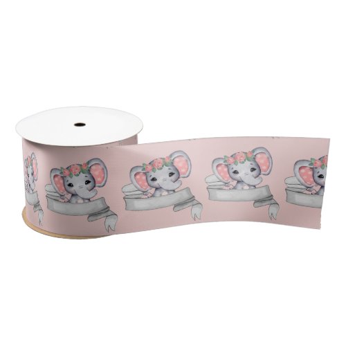 Elephant Baby Girl Pink and Gray Pattern Pink  Satin Ribbon