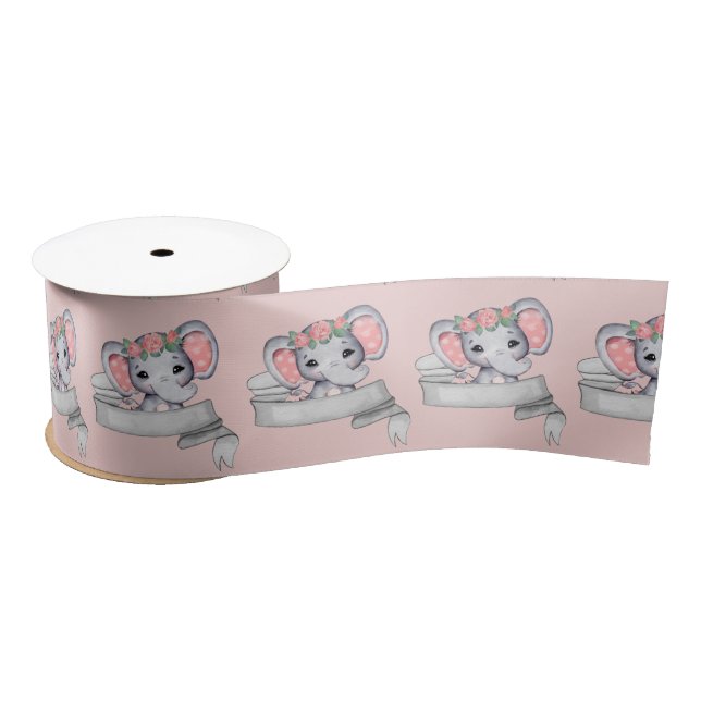 Elephant Baby Girl Pink and Gray Pattern Pink  Satin Ribbon (Spool)