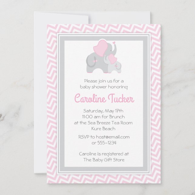 Elephant Baby Girl Shower Invitation Pink & Gray (Front)