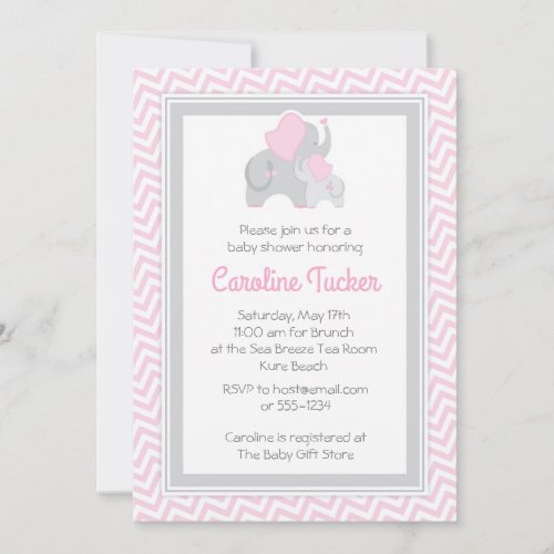 Elephant Baby Girl Shower Invitation Pink  Gray