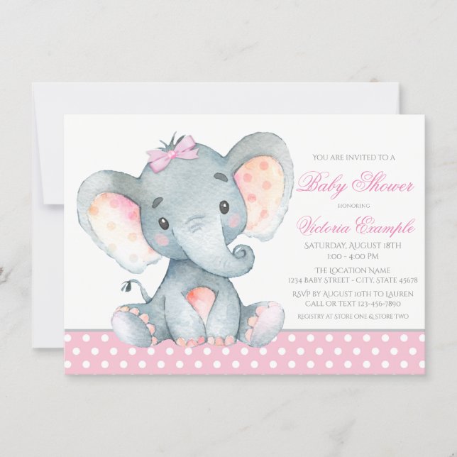 Elephant Baby Girl Shower Invitations (Front)