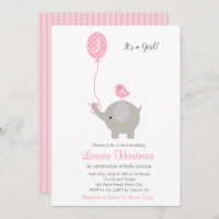 Elephant Baby Girl Shower Invitations with Balloon