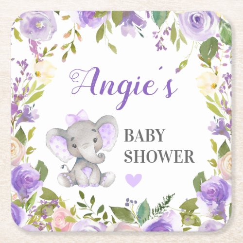 Elephant Baby Girl Shower Lavender Floral Glass Square Paper Coaster