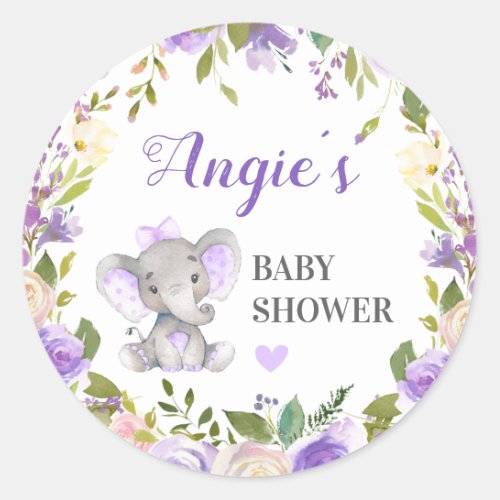 Elephant Baby Girl Shower Lavender Purple Favor Classic Round Sticker