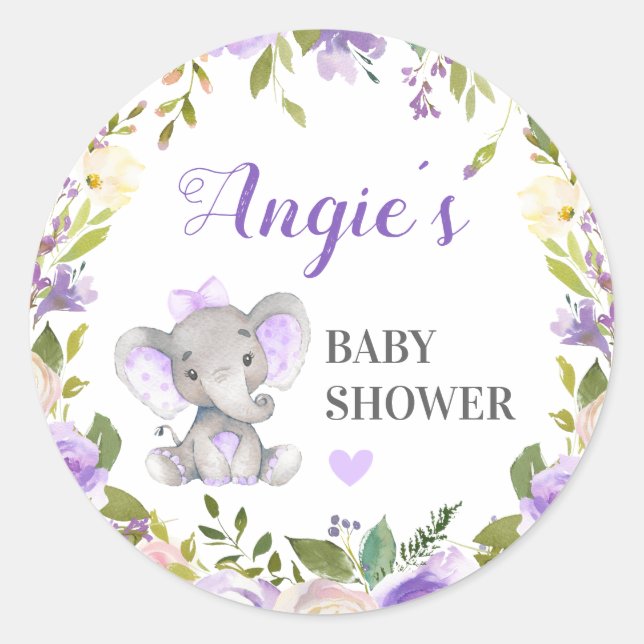 Elephant Baby Girl Shower Lavender Purple Favor Classic Round Sticker (Front)