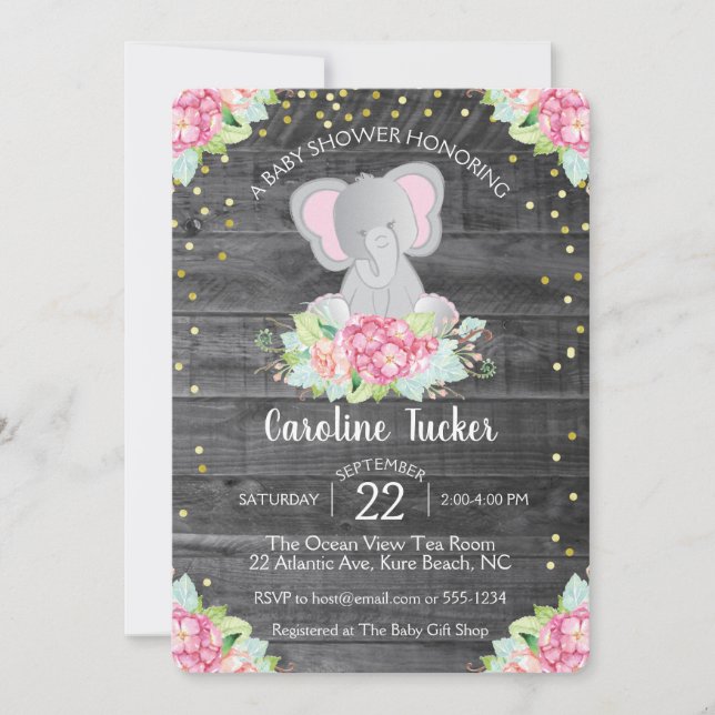 Elephant Baby Girl Shower Rustic Florals Invitation (Front)