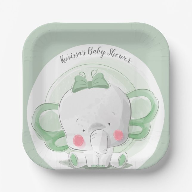 Elephant Baby Green Paper Plates (Front)