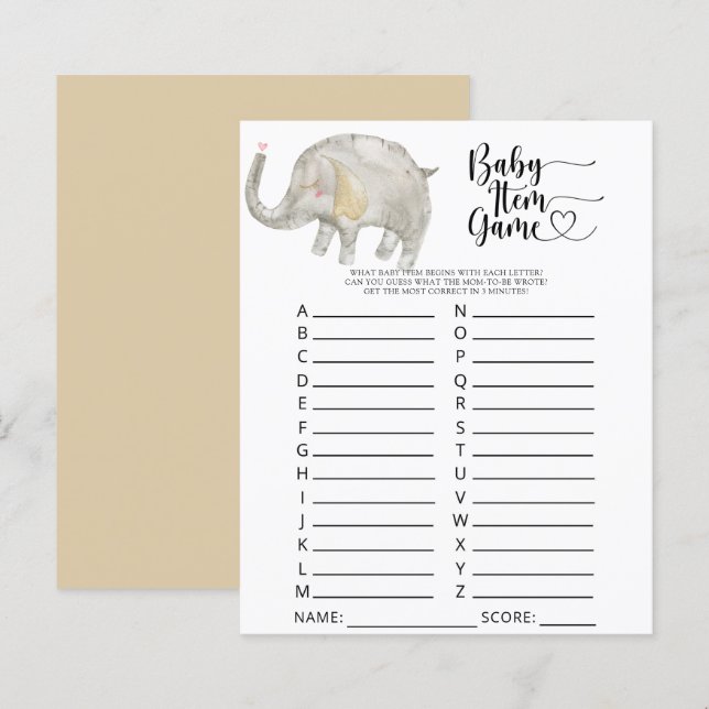 Elephant Baby Item Game. Baby Shower Game (Front/Back)