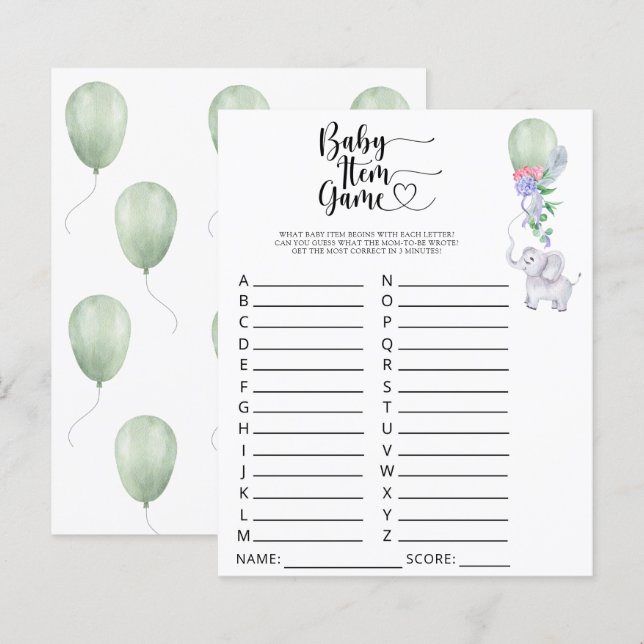 Elephant Baby Item Game. Baby Shower Game (Front/Back)