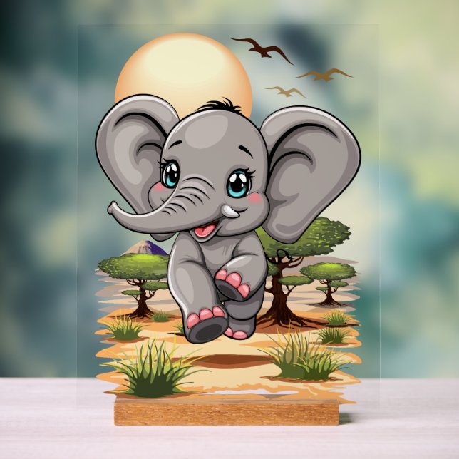 Elephant Baby Jumping Happy in African Savannah Acrylic Sign (Neutral)