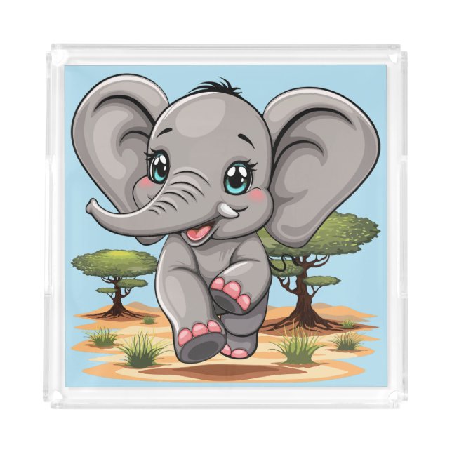 Elephant Baby Jumping Happy in African Savannah Acrylic Tray (Front)