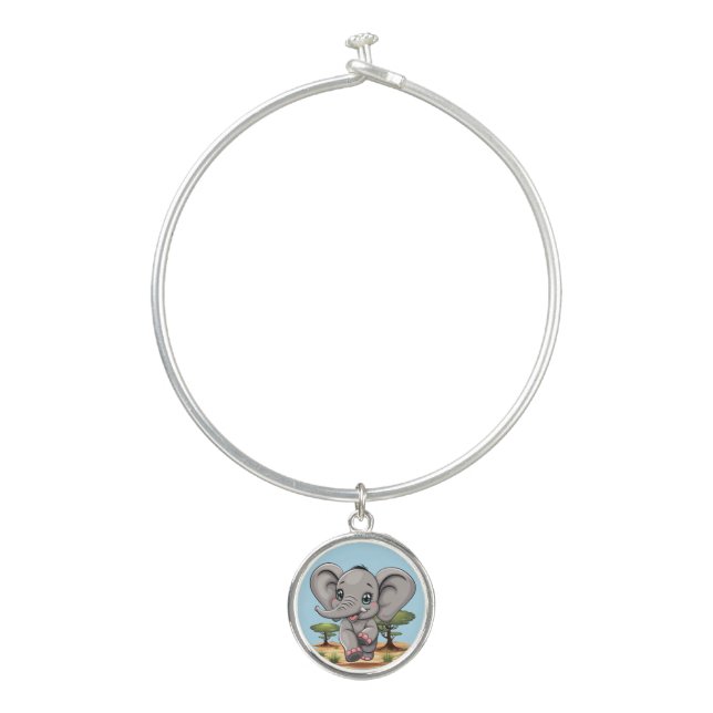 Elephant Baby Jumping Happy in African Savannah Bangle Bracelet (Front)