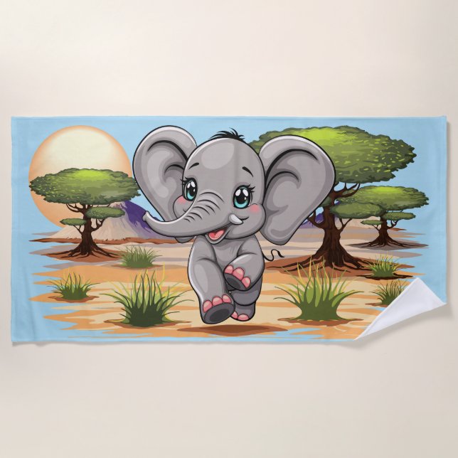 Elephant Baby Jumping Happy in African Savannah Beach Towel (Front)