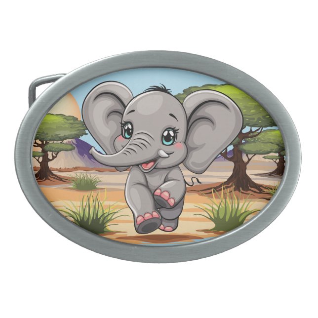 Elephant Baby Jumping Happy in African Savannah Belt Buckle (Front)