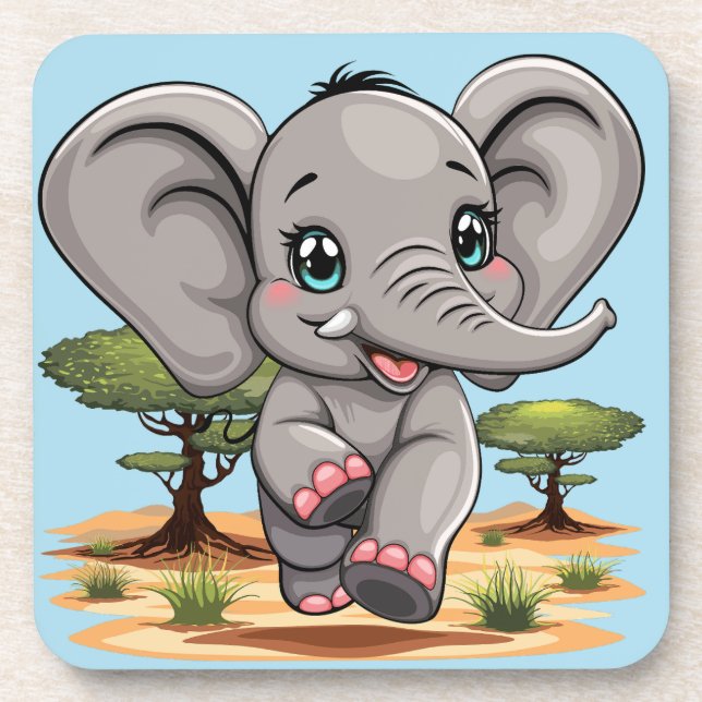 Elephant Baby Jumping Happy in African Savannah Beverage Coaster (Front)