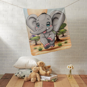 Elephant Baby Jumping Happy in African Savannah Blanket