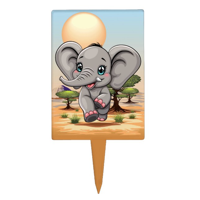 Elephant Baby Jumping Happy in African Savannah Cake Topper (Front)