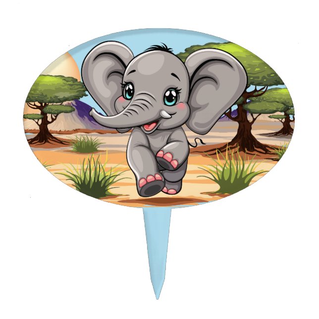 Elephant Baby Jumping Happy in African Savannah Cake Topper (Front)