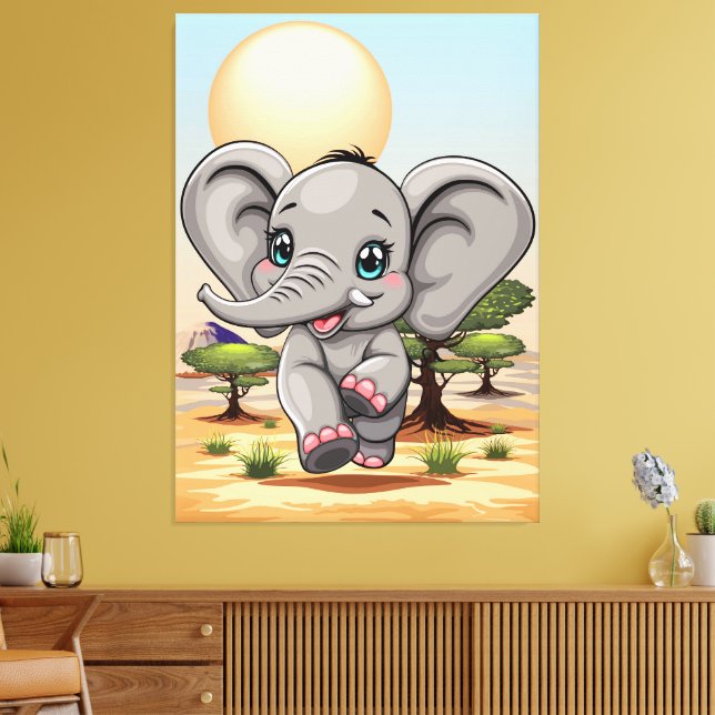 Elephant Baby Jumping Happy in African Savannah Canvas Print (Insitu(LivingRoom))