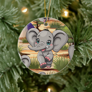 Elephant Baby Jumping Happy in African Savannah Ceramic Ornament