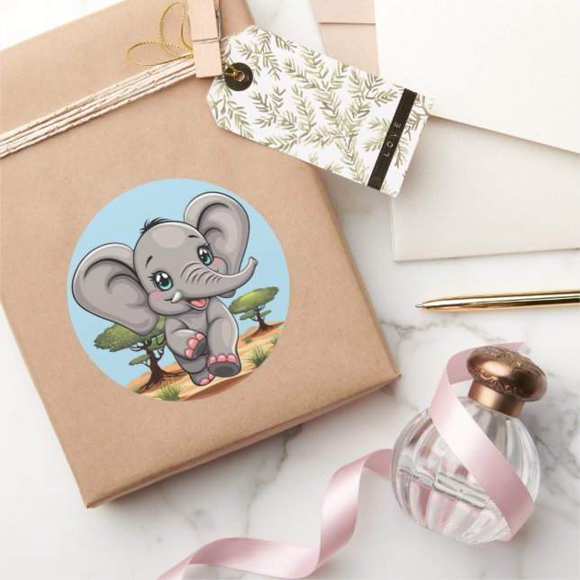 Elephant Baby Jumping Happy in African Savannah Classic Round Sticker (Gifting)