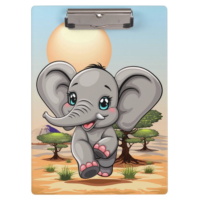 Elephant Baby Jumping Happy in African Savannah Clipboard (Front)