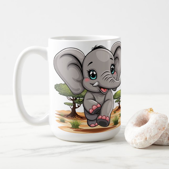 Elephant Baby Jumping Happy in African Savannah Coffee Mug (With Donut)