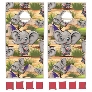 Elephant Baby Jumping Happy in African Savannah Cornhole Set
