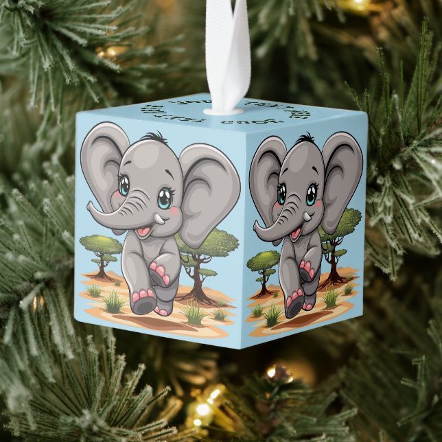 Elephant Baby Jumping Happy in African Savannah Cube Ornament (Tree)