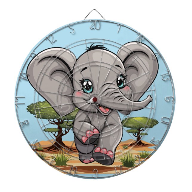 Elephant Baby Jumping Happy in African Savannah Dart Board (Front)