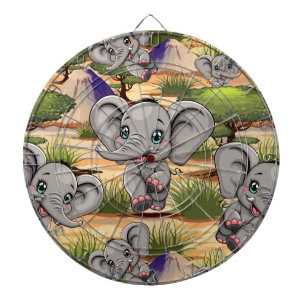 Elephant Baby Jumping Happy in African Savannah Dart Board