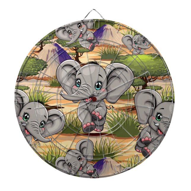 Elephant Baby Jumping Happy in African Savannah Dart Board (Front)