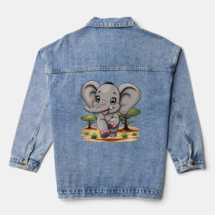 Elephant Baby Jumping Happy in African Savannah Denim Jacket