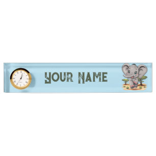 Elephant Baby Jumping Happy in African Savannah Desk Name Plate