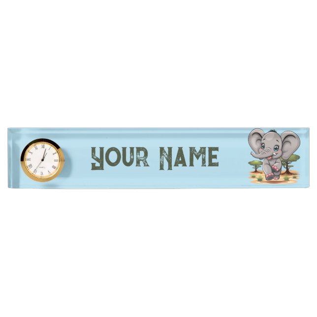 Elephant Baby Jumping Happy in African Savannah Desk Name Plate (Front)