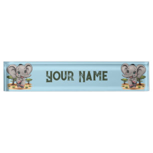 Elephant Baby Jumping Happy in African Savannah Desk Name Plate