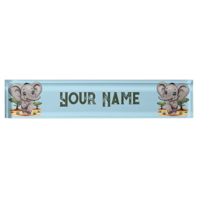 Elephant Baby Jumping Happy in African Savannah Desk Name Plate (Front)