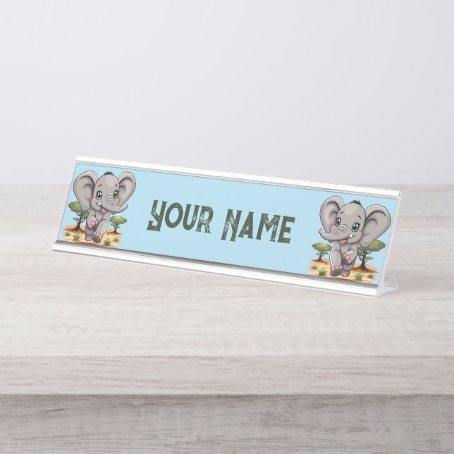 Elephant Baby Jumping Happy in African Savannah Desk Name Plate (Front)
