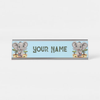 Elephant Baby Jumping Happy in African Savannah Desk Name Plate