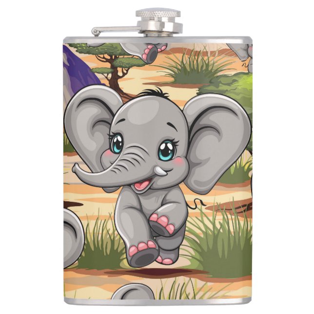 Elephant Baby Jumping Happy in African Savannah Flask (Front)