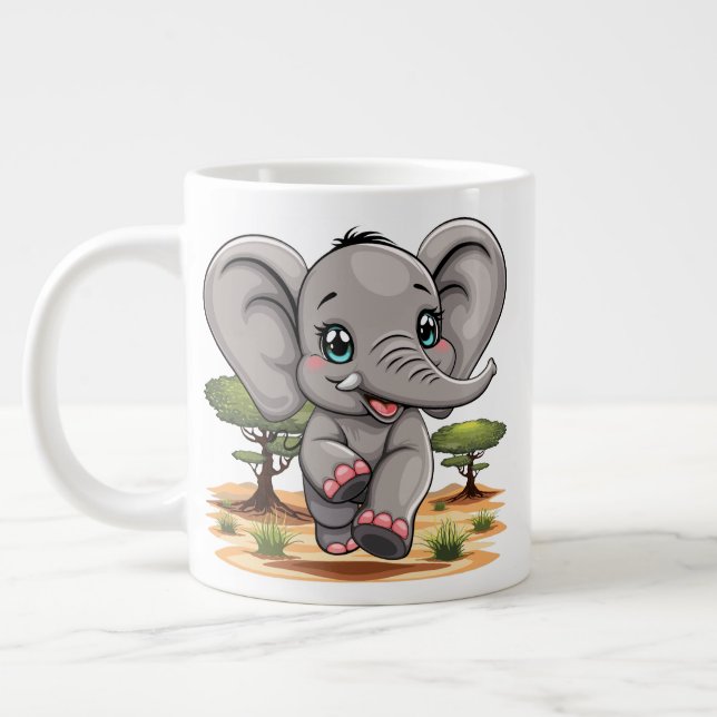 Elephant Baby Jumping Happy in African Savannah Giant Coffee Mug (Left)