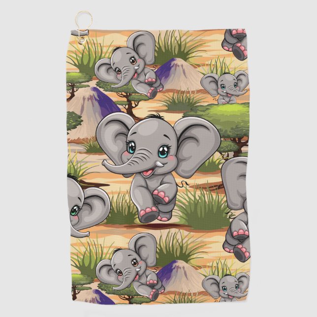 Elephant Baby Jumping Happy in African Savannah Golf Towel (Front)