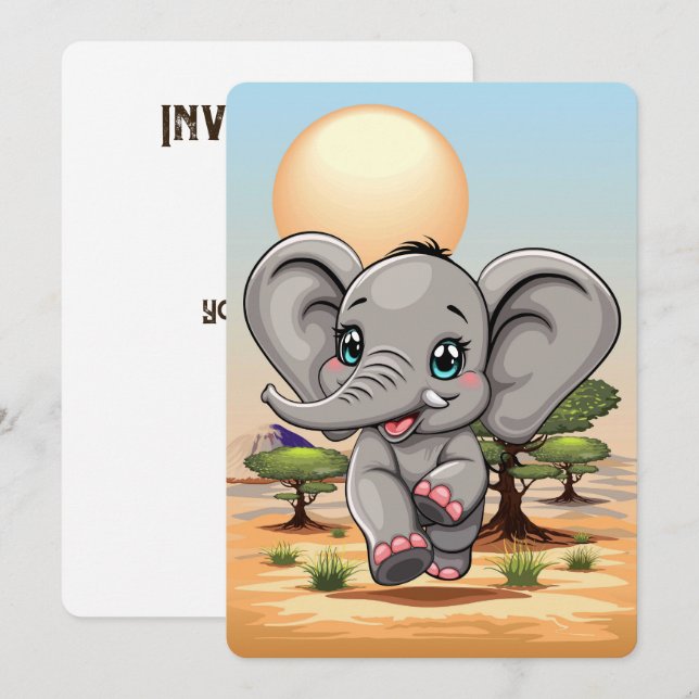 Elephant Baby Jumping Happy in African Savannah Invitation (Front/Back)
