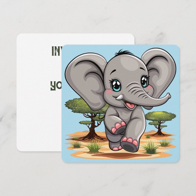 Elephant Baby Jumping Happy in African Savannah Invitation (Front/Back)