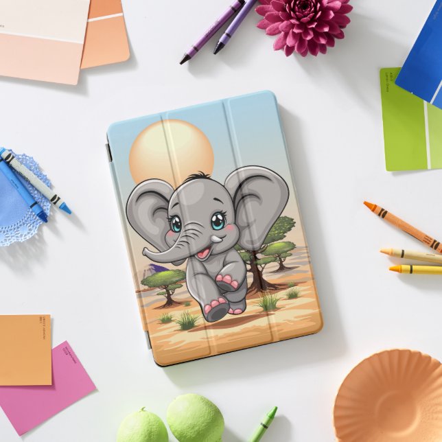 Elephant Baby Jumping Happy in African Savannah iPad Pro Cover (Desk)