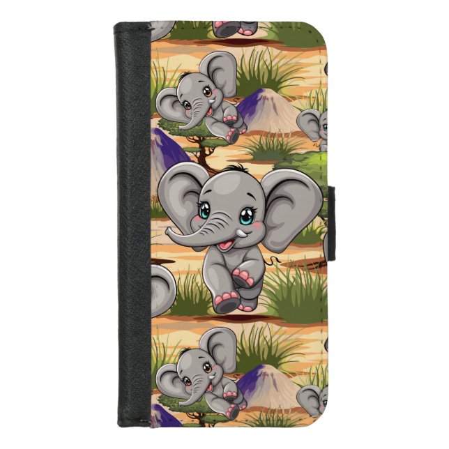 Elephant Baby Jumping Happy in African Savannah iPhone Wallet Case (Front)