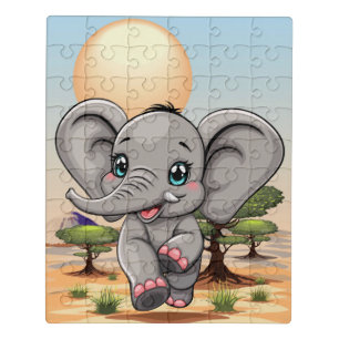 Elephant Baby Jumping Happy in African Savannah Jigsaw Puzzle