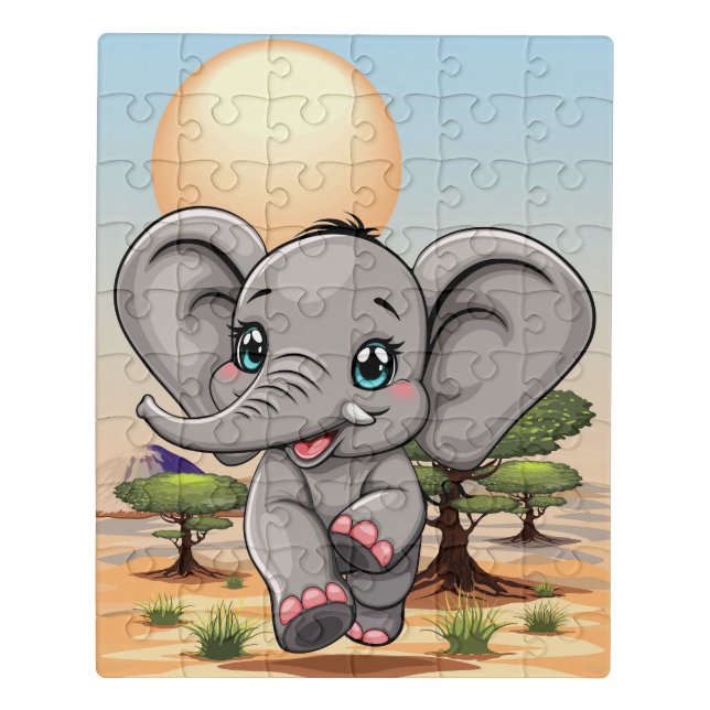 Elephant Baby Jumping Happy in African Savannah Jigsaw Puzzle (Puzzle Vertical)