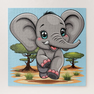 Elephant Baby Jumping Happy in African Savannah Jigsaw Puzzle