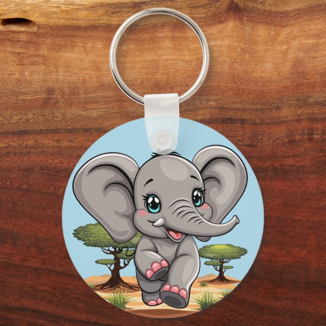Elephant Baby Jumping Happy in African Savannah Keychain (Front)